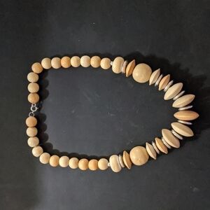 Silver Tone Tan Wooden Bead Chunky Statement Necklace